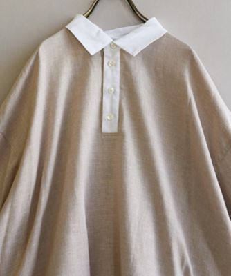 ロンハワンピース　ベージュ柔らかコットンリネンのシャツドレス