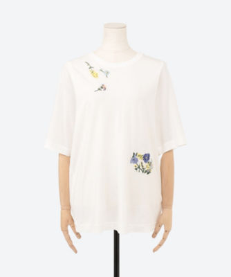 【SALE】フィーユ フラワートリップ刺繍 コットンレーヨン天竺Tシャツ 20オフホワイト トップス