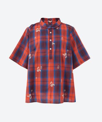 ＜super hakka feuille (Women/大きいサイズ)＞先染めマドラスチェックリングフラワー刺繍プルオーバーシャツブラウス