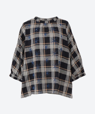 ＜super hakka feuille (Women/大きいサイズ)＞コットンリネンチェックバブルスフラワーボーラーレースドルマンブラウス