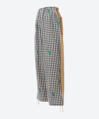 綿クロスチェック刺繍×綿麻ツイルウエストゴムパンツ | ファッション 