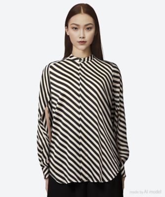 ＜HYKE (Women)＞ＳＴＲＩＰＥ　ＨＡＭＭＥＲ　ＳＡＴＩＮ　ＢＬＯＵＳＥ