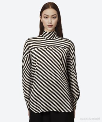 ＜HYKE (Women)＞ＳＴＲＩＰＥ　ＨＡＭＭＥＲ　ＳＡＴＩＮ　ＢＡＣＫ　ＲＩＢＢＯＮ　ＢＬＯＵＳＥ