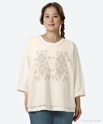 ＜super hakka feuille (Women/大きいサイズ)＞コットンローンワッシャースクエアフォレストボーラー刺繍×天竺カットソー　４６９５１４５１