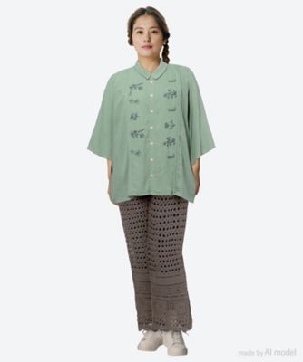 麻混シャンブレー単色アシンメトリー刺繍シャツブラウス　４６１５００５２