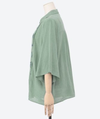 麻混シャンブレー単色アシンメトリー刺繍シャツブラウス　４６１５００５２