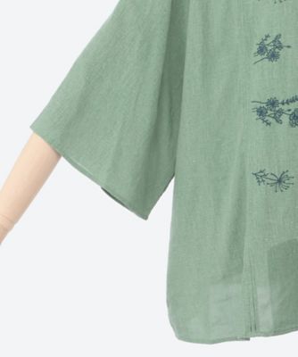 麻混シャンブレー単色アシンメトリー刺繍シャツブラウス　４６１５００５２