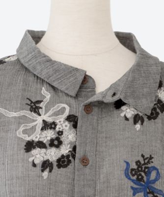 シャンブレースモールブーケット総刺繍シャツブラウス　４６１５０９５２