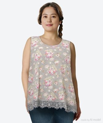 ＜super hakka feuille (Women/大きいサイズ)＞度甘天竺フラワーポムプリント×ケミカルレースタンクトップ　４６９５００５２