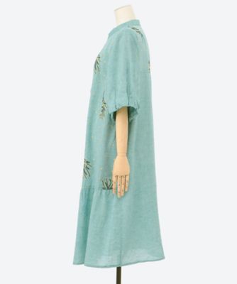 先染めシャンブレー　ミモザ＆ドット刺繍ワンピース　前開き　４６１２０１５３