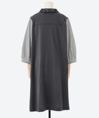 スーパーハッカフィーユ（super hakka feuille）/[15〜19号 ]ワッシャーストライプ+ポピー柄ケミカルレースシャツワンピース(前開き) ワッシャーストライプ＋ポピー柄ケミカルレースシャツワンピース