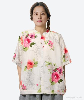 ＜super hakka feuille (Women/大きいサイズ)＞コットンローンルシオール加工ブラーフラワープリントスキッパーブラウス　４６１５０１５３