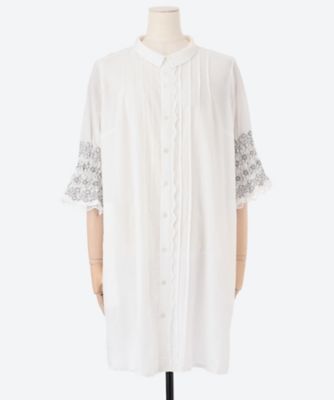 【送料無料】super hakka feuille (Women/大きいサイズ)/スーパーハッカ フィーユ コットンローンワッシャー シャーリングフローラルライン刺繍チュニックブラウス 46150653 20オフホワイト トップス【三越伊勢丹/公式】