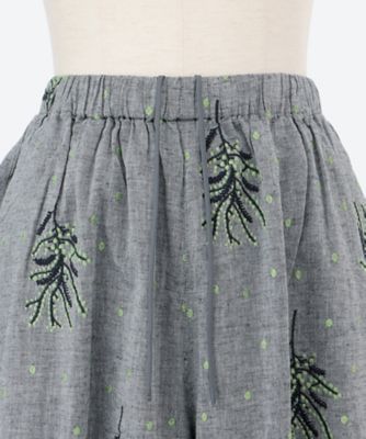先染めシャンブレー　ミモザ＆ドット刺繍ギャザーフレアパンツ　裏地付き　４６１６０３５３