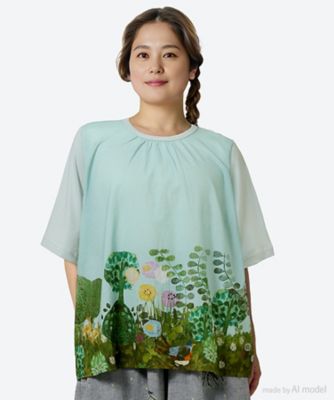 ＜super hakka feuille (Women/大きいサイズ)＞ＳＵＰＥＲ　ＨＡＫＫＡ×サクマユウコ　天竺×ローン「ある晴れた日に」プリントブラウス　４６９５０２５３