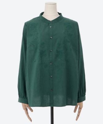 【送料無料】super hakka feuille (Women/大きいサイズ)/スーパーハッカ フィーユ コットンサンドウォッシュ テンドリルブルーム刺繍バンドカラーブラウス 46150154 70グリーン トップス【三越伊勢丹/公式】