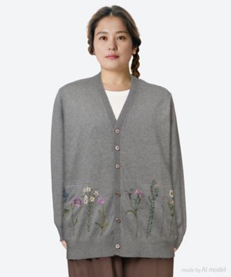 ＜super hakka feuille (Women/大きいサイズ)＞ブルームアレイ刺繍コットンニットロングカーディガン　４６８４００５４