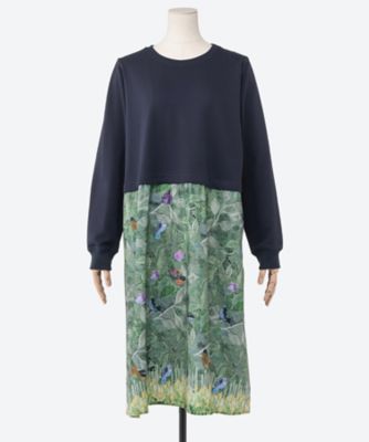 【送料無料】super hakka feuille (Women/大きいサイズ)/スーパーハッカ フィーユ SUPER HAKKA×サクマ ユウコ 「ある日の森の街」「この葉の青い鳥」プリント×裏毛ワンピース 46920154 70グリーン 【三越伊勢丹/公式】