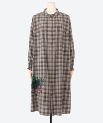 【送料無料】super hakka feuille (Women/大きいサイズ)/スーパーハッカ フィーユ SUPER HAKKA×サクマ ユウコ 「森の家」モチーフ刺繍 先染めコットン麻チェックシャツワンピース 46120054 80グレー 【三越伊勢丹/公式】