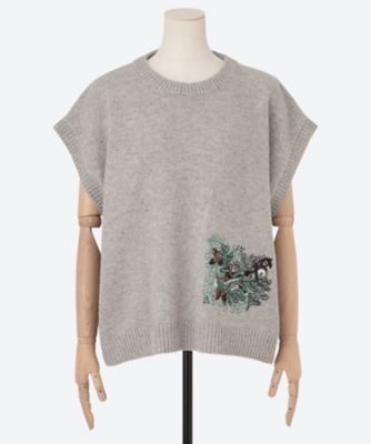 【送料無料】super hakka feuille (Women/大きいサイズ)/スーパーハッカ フィーユ SUPER HAKKA×サクマ ユウコ 「森の家」「SQUIRREL」モチーフ刺繍メランジウールニットベスト 46850054 83モクグレー 【三越伊勢丹/公式】