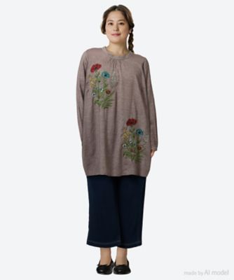 コットンビエラ先染めシャンブレービッグポピーブーケ刺繍チュニック