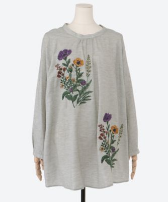 コットンビエラ先染めシャンブレービッグポピーブーケ刺繍チュニック