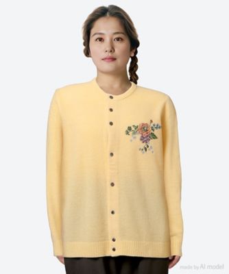 ＜super hakka feuille (Women/大きいサイズ)＞ヒメツバキ刺繍ウールナイロンモールヤーンニットカーディガン　４６８４０３５４