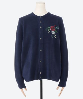 ヒメツバキ刺繍ウールナイロンモールヤーンニットカーディガン
