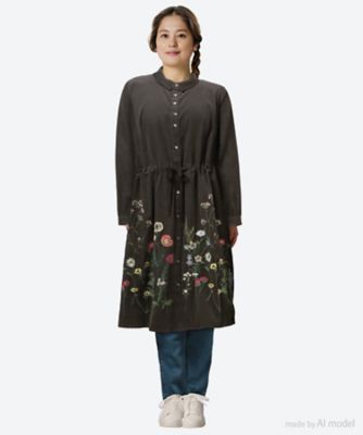 ＜super hakka feuille (Women/大きいサイズ)＞ソフトコーデュロイスタンディングフラワー刺繍シャツワンピース　４６１２０２５４