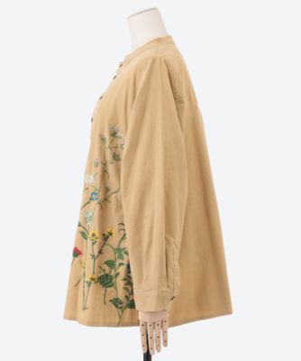 ソフトコーデュロイスタンディングフラワー刺繍チュニックブラウス