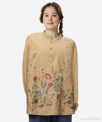 ＜super hakka feuille (Women/大きいサイズ)＞ソフトコーデュロイスタンディングフラワー刺繍チュニックブラウス　４６１５０７５４