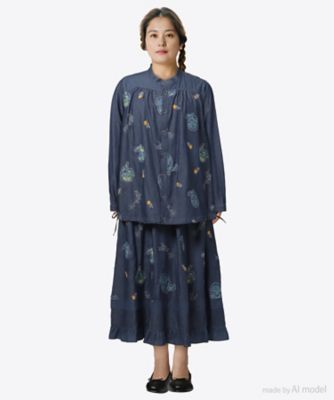 ライトオンスデニム ローズスケッチ刺繍スタンドカラーブラウス