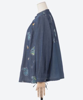 ライトオンスデニム ローズスケッチ刺繍スタンドカラーブラウス