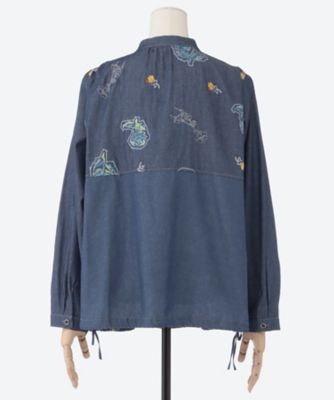 ライトオンスデニム ローズスケッチ刺繍スタンドカラーブラウス