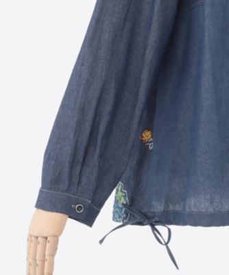 ライトオンスデニム ローズスケッチ刺繍スタンドカラーブラウス