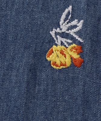 ライトオンスデニム ローズスケッチ刺繍スタンドカラーブラウス