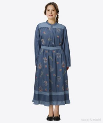 ライトオンスデニム ローズスケッチ刺繍スカート（裏地無し