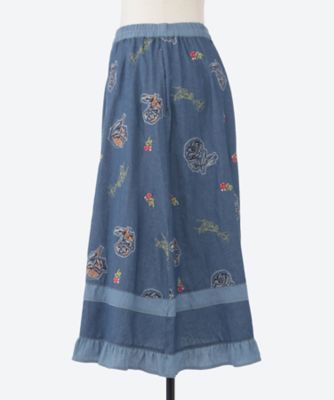 【NEW】スーパーハッカフィーユ（super hakka feuille）/[15〜19号]ライトオンスデニム ローズスケッチ刺繍スカート(裏地無し) ライトオンスデニム ローズスケッチ刺繍スカート（裏地無し