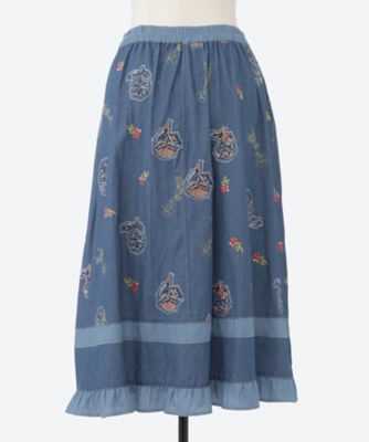 ライトオンスデニム ローズスケッチ刺繍スカート（裏地無し