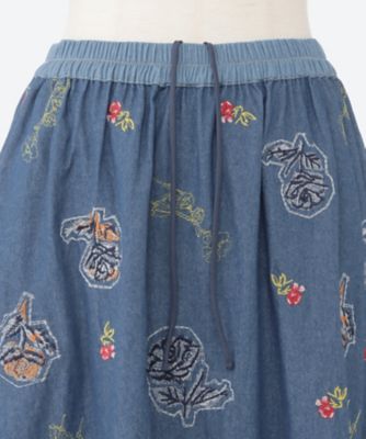ライトオンスデニム ローズスケッチ刺繍スカート（裏地無し