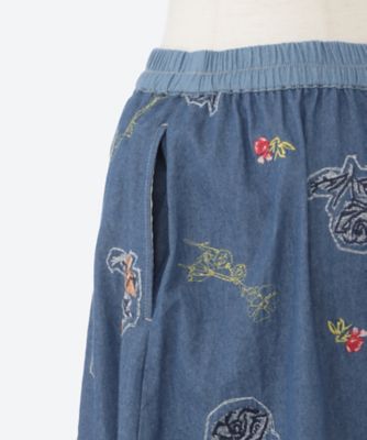 ライトオンスデニム ローズスケッチ刺繍スカート（裏地無し