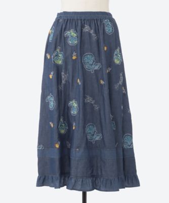 ライトオンスデニム ローズスケッチ刺繍スカート（裏地無し