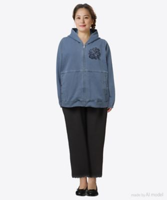 コットンストレッチインレイデニム フラワーボーラー刺繍フーディ