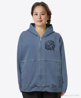 コットンストレッチインレイデニム フラワーボーラー刺繍フーディ