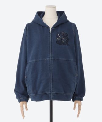 コットンストレッチインレイデニム フラワーボーラー刺繍フーディ