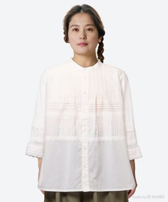 ＜super hakka feuille (Women/大きいサイズ)＞ローン×レーステープパッチワーク×天竺ピンタックブラウス　４６１５０１６２