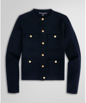 ミラノリブ ゴールドボタン ノーカラーニットジャケット ＮＡＶＹ