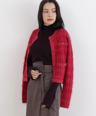 【新品】 PING ピン 総柄 星 ウール混 ニット ジャケット レッド L ◇フェザーヤーンツイードニットジャケット（0315275028