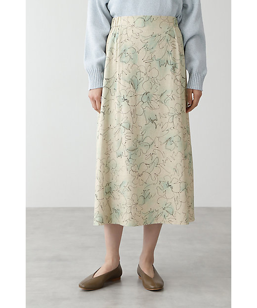 【SALE】ラインドローイングフラワープリントスカート グリーン ロングスカート
