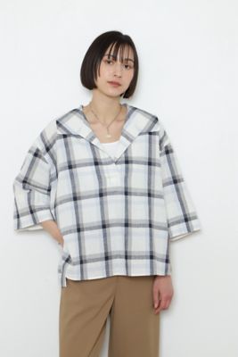 ◆セーラーカラー綿麻チェックブラウス（０７７２１１０５０７）
